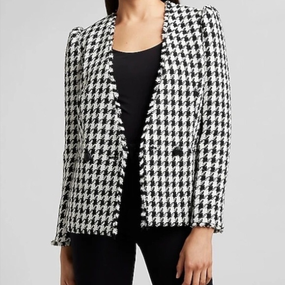 Express Tweed Houndstooth Puff Sleeve Blazer - Picture 2 of 10